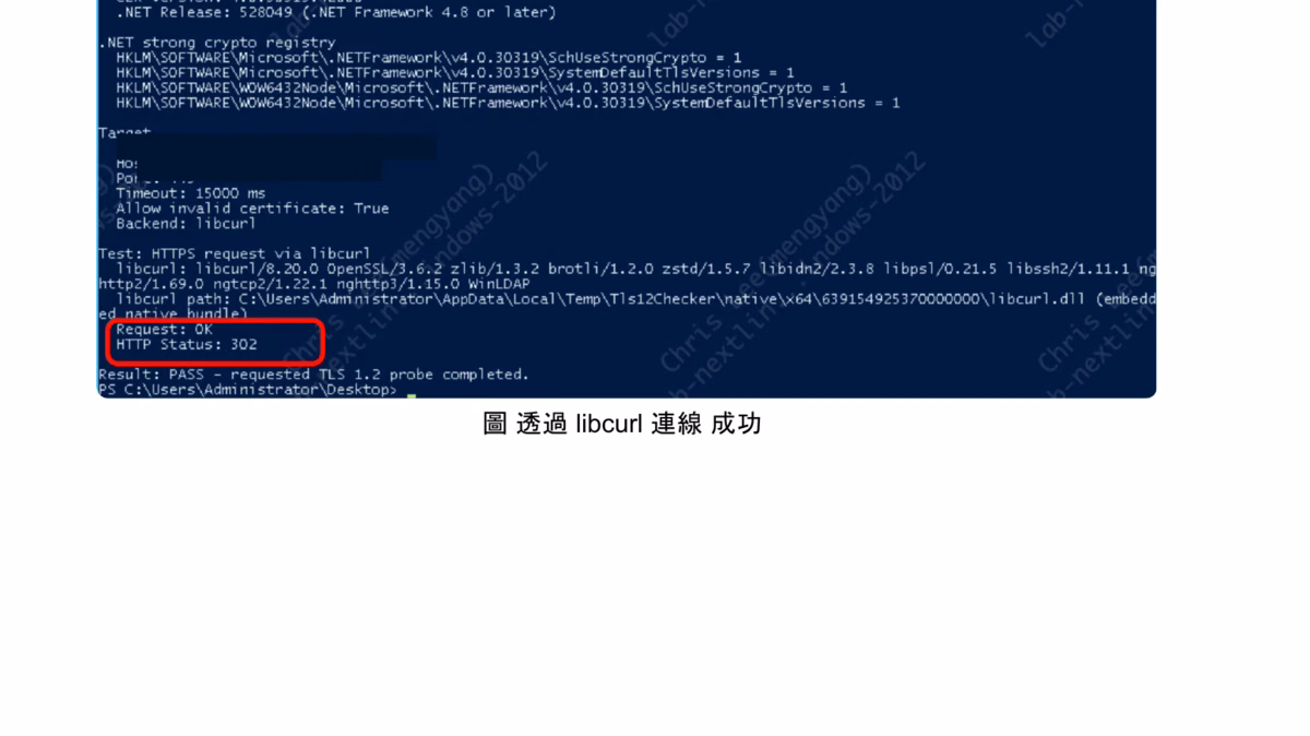 使用 libcurl + OpenSSL 連線測試，握手與 HTTPS 請求皆成功